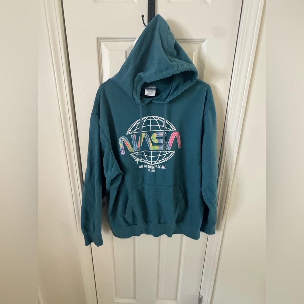 NASA Hoodie Teal Pullover Rainbow Logo Graphic Sweatshirt Size XL